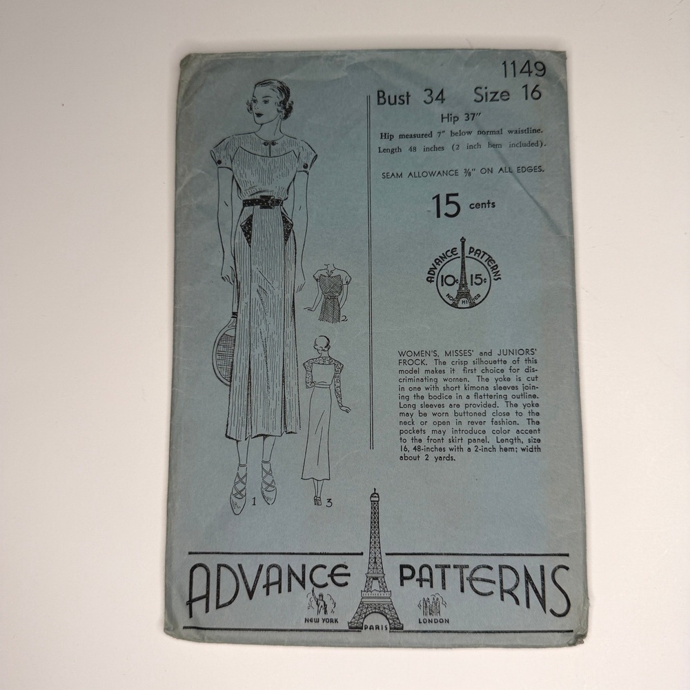 Vintage 1930s Advance Sewing Pattern Dress Size 16 Uncut Incomplete-1pc Missing